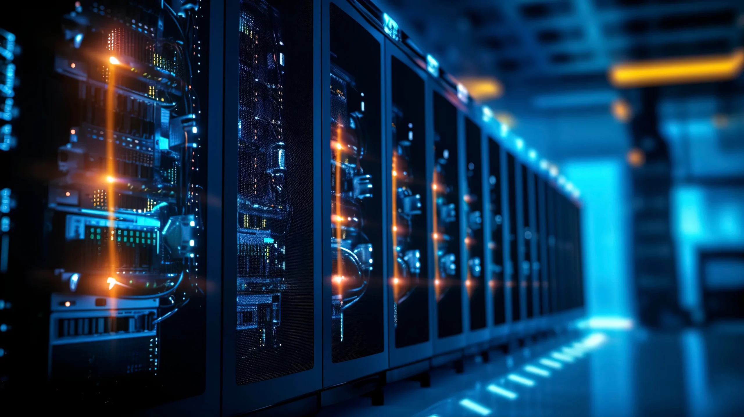 Row of network servers with glowing LED lights.