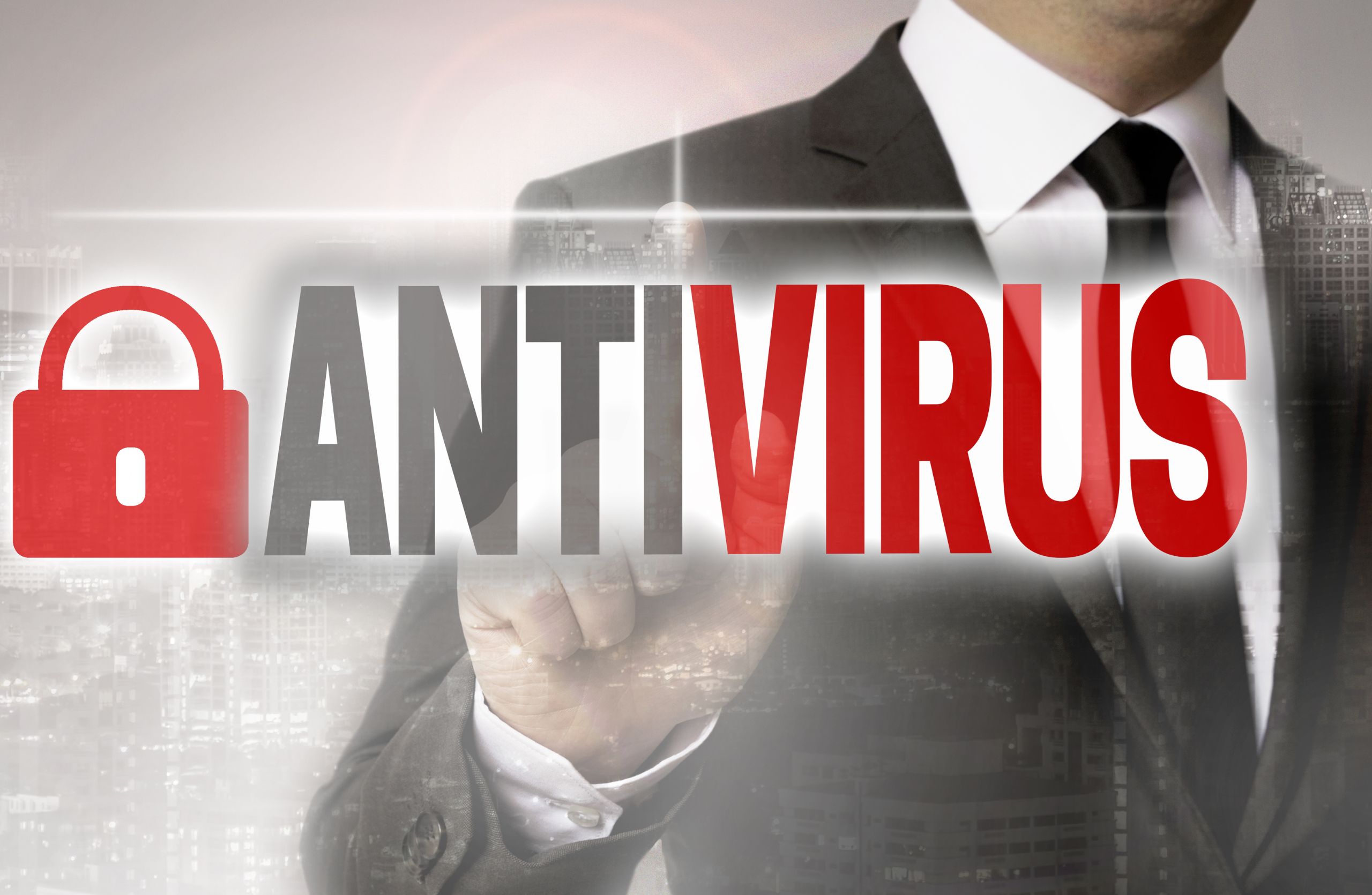 Antivirus in grau roter Schrift mit einem Mann drauf